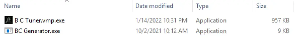 The executable files for the B C Tuner and BC Generator utilities, included in the tuning suite. The executable files for the B C Tuner and BC Generator utilities, included in the tuning suite.