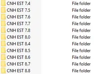 A list of folders for the CNH EST multi-version activation pack, showing support for versions 7.4 through 8.8. A list of folders for the CNH EST multi-version activation pack, showing support for versions 7.4 through 8.8.