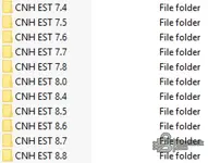 A list of folders for the CNH EST multi-version activation pack, showing support for versions 7.4 through 8.8. 