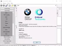 The 'About' window for BMW E-Sys 24.06.01, showing the 2024 build date, copyright by BMW Group, and development information from Critical TechWorks. The 'About' window for BMW E-Sys 24.06.01, showing the 2024 build date, copyright by BMW Group, and development information from Critical TechWorks.