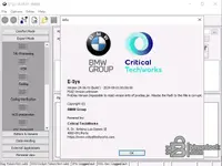 The 'About' window for BMW E-Sys 24.06.01, showing the 2024 build date, copyright by BMW Group, and development information from Critical TechWorks.