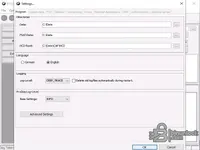 The E-Sys settings window, showing the program directories configuration for PSdZ-Data and NCD-Root, along with language and advanced logging level options.