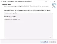 Setup window for the Caterpillar SIS Certificate Extension 2045 software, showing the Ready to Install screen and the author's note about the free license.