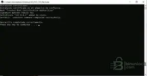 The command prompt window showing the successful installation of a security certificate by the CAT SIS (Caterpillar Service Information System) patch, using the CertUtil command.