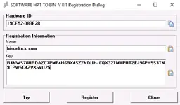 HPT to BIN Converter v0.1 registration window showing hardware ID and user fields on Windows