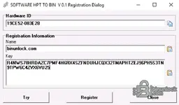 HPT to BIN Converter v0.1 registration window showing hardware ID and user fields on Windows