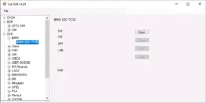 Car Edit v1.28 interface with brand tree opened on BMW EDC17C50 and module options including DPF and Lambda on Windows