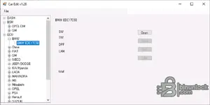 Car Edit v1.28 interface with brand tree opened on BMW EDC17C50 and module options including DPF and Lambda on Windows