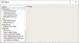EcuFlash Options dialog listing Directories, Files, Appearance and Metadata settings including user level and table visibility. EcuFlash Options dialog listing Directories, Files, Appearance and Metadata settings including user level and table visibility.