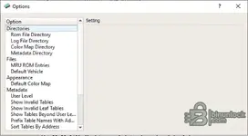 EcuFlash Options dialog listing Directories, Files, Appearance and Metadata settings including user level and table visibility.