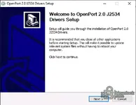 OpenPort 2.0 J2534 Drivers Setup wizard welcome screen prompting to begin installation on Windows.