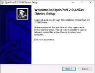 OpenPort 2.0 J2534 Drivers Setup wizard welcome screen prompting to begin installation on Windows. OpenPort 2.0 J2534 Drivers Setup wizard welcome screen prompting to begin installation on Windows.