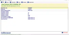 Info tab for Jeep Compass EDC17C69 with ISO ID, VIN, HW/SW numbers and operating time (simulation). Info tab for Jeep Compass EDC17C69 with ISO ID, VIN, HW/SW numbers and operating time (simulation).