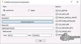 Coded access service-code utility showing seed input, generate button, and option checkboxes for SDD features.