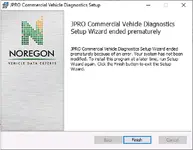 JPRO Commercial Vehicle Diagnostics installer window displaying “Setup Wizard ended ” message on Windows.
