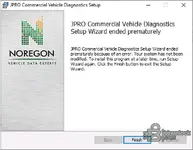 JPRO Commercial Vehicle Diagnostics installer window displaying “Setup Wizard ended ” message on Windows.
