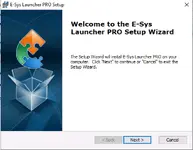 E-Sys Launcher PRO Setup Wizard welcome screen before installing the launcher on Windows. E-Sys Launcher PRO Setup Wizard welcome screen before installing the launcher on Windows.