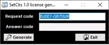 License utility dialog showing request and answer code fields for registered users. License utility dialog showing request and answer code fields for registered users.