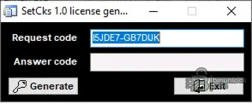 License utility dialog showing request and answer code fields for registered users.