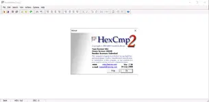Fairdell HexCmp2 About dialog showing version 2.34 over the editor interface. Fairdell HexCmp2 About dialog showing version 2.34 over the editor interface.