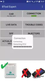 Bimmer-Tool Expert connection screen detecting ECU, with recommended Carista adapter highlighted versus unstable clones.