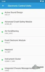 BimmerCode ECU list showing Active Sound Design, ACSM airbag, IHKA climate, FEM, HU_NBT headunit and KOMBI cluster.