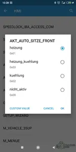 BimmerCode Expert Mode parameter editing dialog for HMI with selectable values and Custom Value option for BMW/MINI coding.