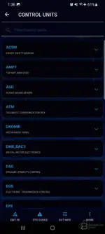 BimmerUtility Control Units list for BMW showing DME engine, DSC stability control, EGS transmission, ASD sound and ACSM airbag modules with DTC Codes and SVT info.