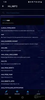 BimmerUtility HU_NBT2 coding data screen with searchable parameters and actions for Code, Preview and DTC on BMW head unit.