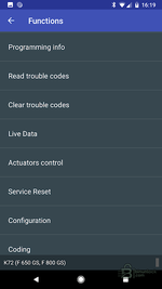 MotoScan functions menu with Programming info, Read/Clear trouble codes, Live Data, Actuators control, Service Reset, Configuration and Coding.