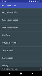 MotoScan functions menu with Programming info, Read/Clear trouble codes, Live Data, Actuators control, Service Reset, Configuration and Coding.