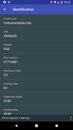 MotoScan ECU identification page showing VIN, part number, hardware index, coding index and diagnostic index.