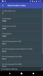 MotoScan reading trouble codes — undervoltage 9309, CAN bus out of order 930F and missing CAN messages from ABS/DME.