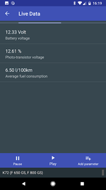 MotoScan Live Data with battery voltage, photo-transistor voltage and average fuel consumption on a BMW motorcycle.