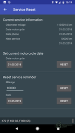 MotoScan Service Reset screen showing odometer, service dates and mileage interval setup for the next service.