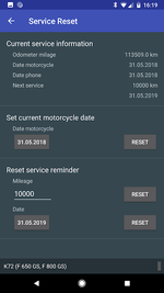 MotoScan Service Reset screen showing odometer, service dates and mileage interval setup for the next service.