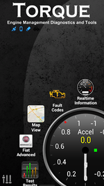 Torque Pro Android live gauges dashboard showing coolant temp, horsepower, RPM graph, intake temp, MAF and boost.
