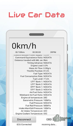 DtcFix Live Car Data page listing throttle position, fuel level, trims, intake and coolant temperatures with realtime updates.