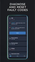 Carista live data menu with engine, turbo/boost, battery info, HVAC and wheel speed readings.