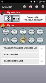 AlfaOBD home with Wi-Fi interface connected and brand selector for Alfa, Fiat, Chrysler, Dodge, Jeep and more, plus Jeep Wrangler JK model options.