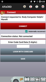 AlfaOBD connect screen targeting Body Computer Delphi/Marelli with automatic reconnect and Code Card login.