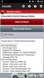 AlfaOBD System Status showing Central Gateway Module identification and ECU configuration.