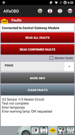 AlfaOBD Faults page with DTC list and Clear Faults button — example P0042 O2 sensor heater circuit.