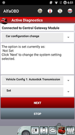 AlfaOBD Active Diagnostics performing a car configuration change, Autostick transmission option.