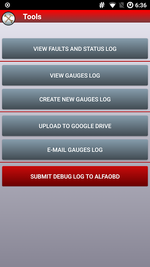 AlfaOBD Tools menu to view faults/gauges logs, create new logs, upload to Google Drive or send by email.