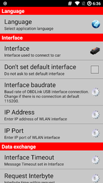AlfaOBD Settings for interface selection with baud rate, IP address, port and communication timeouts.
