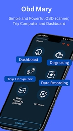 OBD Mary home screen with quick access to Dashboard, Diagnosing, Trip Computer and Data Recording.