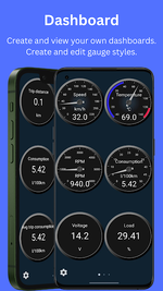 OBD Mary dashboard showing customizable gauges for RPM, speed, temperature, voltage and engine load.