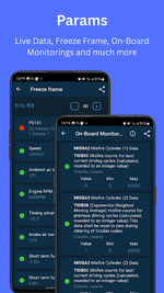 OBD Mary parameters view with Freeze Frame and on-board monitoring data for misfires and sensor values.