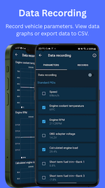 OBD Mary data recording screen for selecting PIDs, viewing graphs and exporting CSV logs.